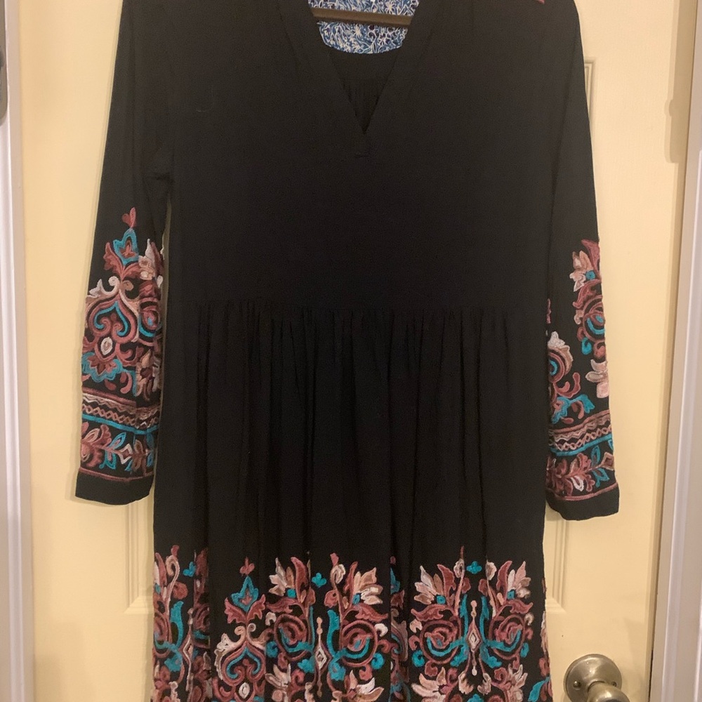 Floreat Black and Pink Bishop Sleeve V-Neck Dress